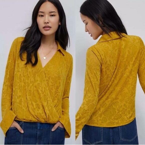 Anthropologie Tops - Anthropologie Maeve Lydia Gold Floral Burnout Wrap Blouse
